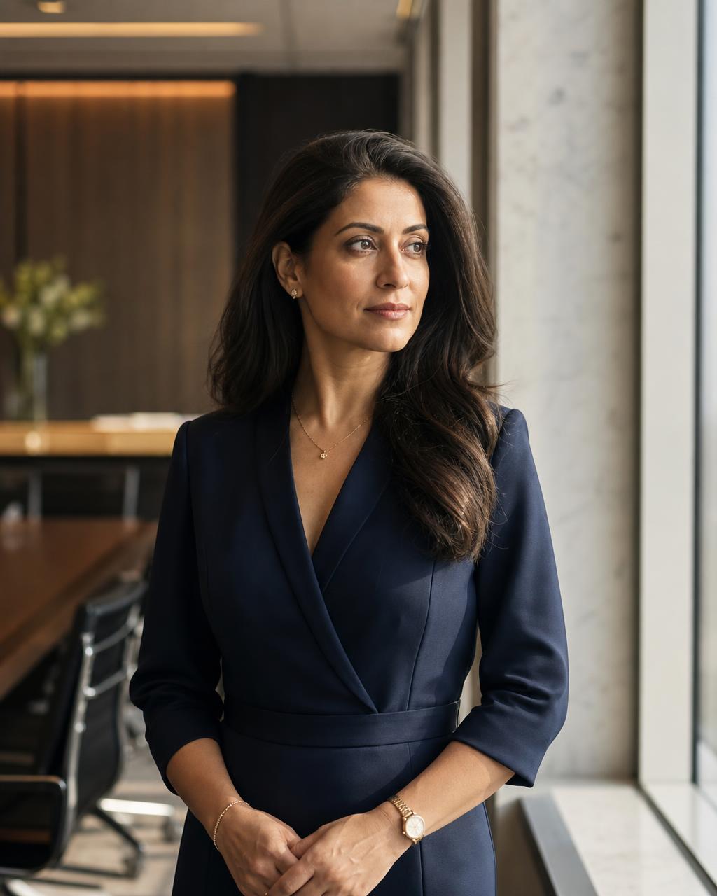 A composed woman executive in a modern boardroom, calm and anchored