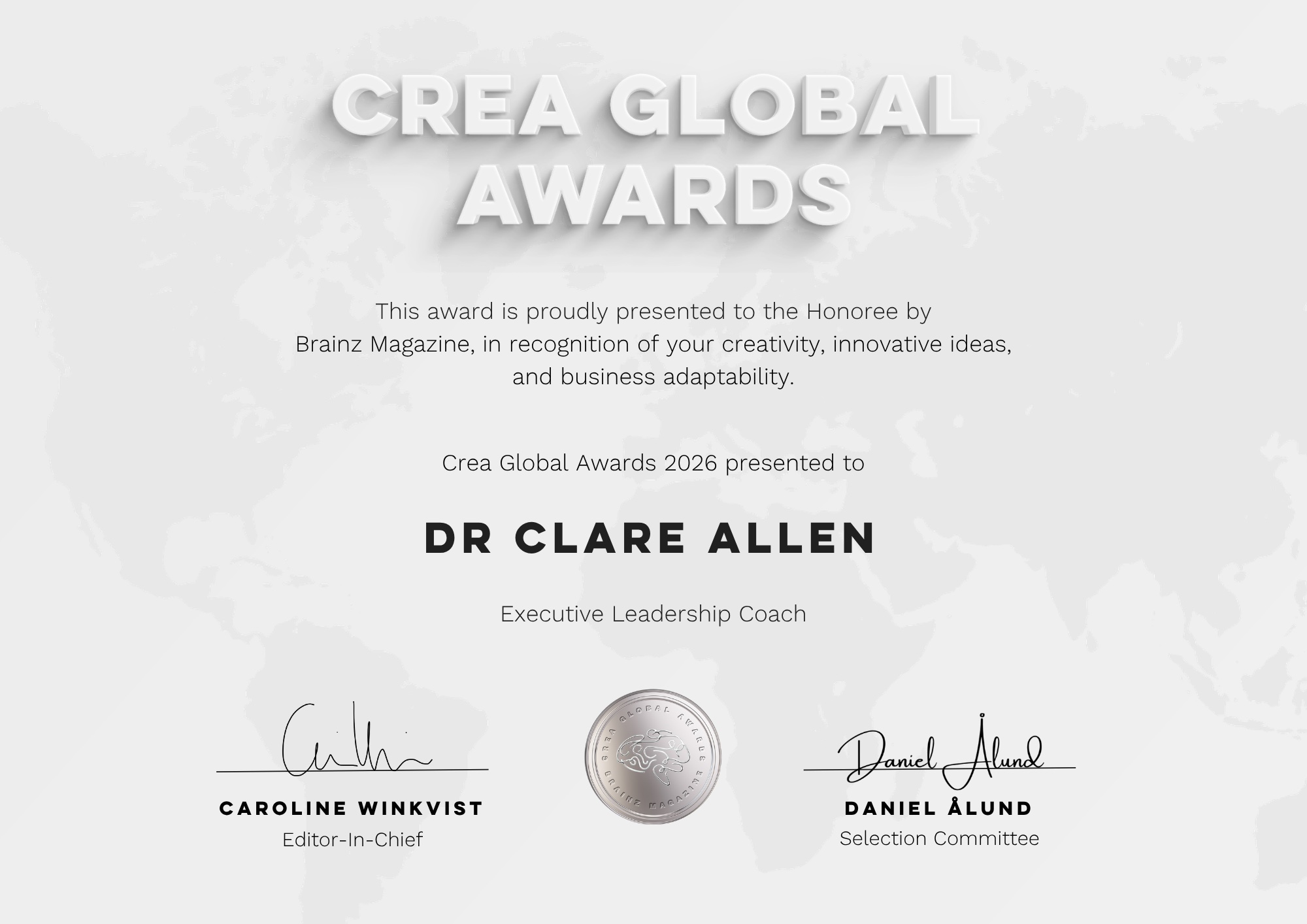 CREA Global Awards 2026 diploma presented to Dr Clare Allen by Brainz Magazine