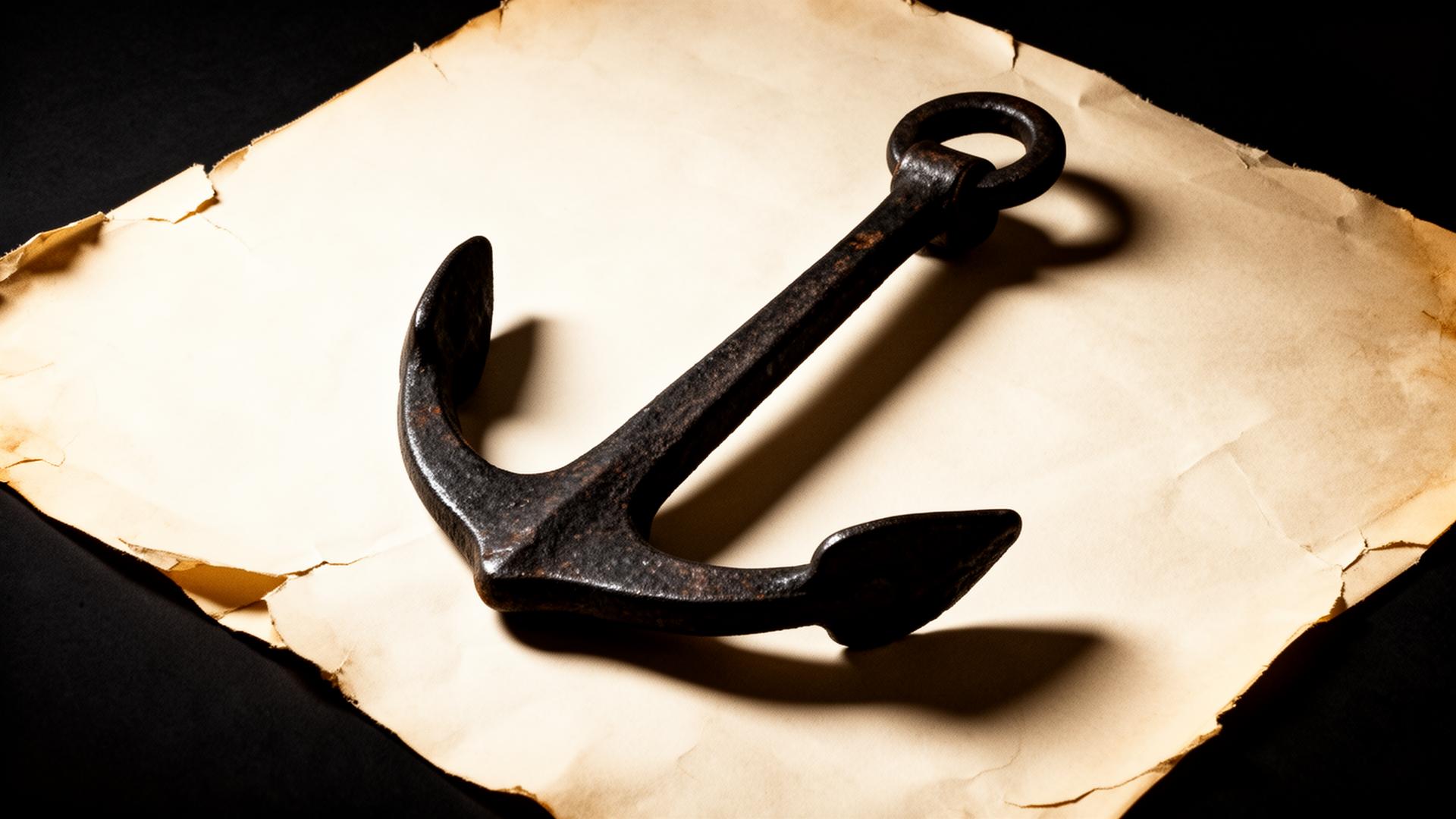 An iron anchor resting on weathered paper